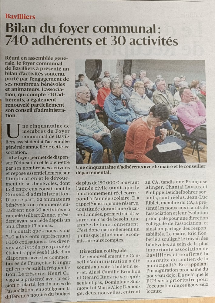 Article de presse Foyer Communal de Bavilliers : Bilan du foyer communal 740 adhérents et 30 activités