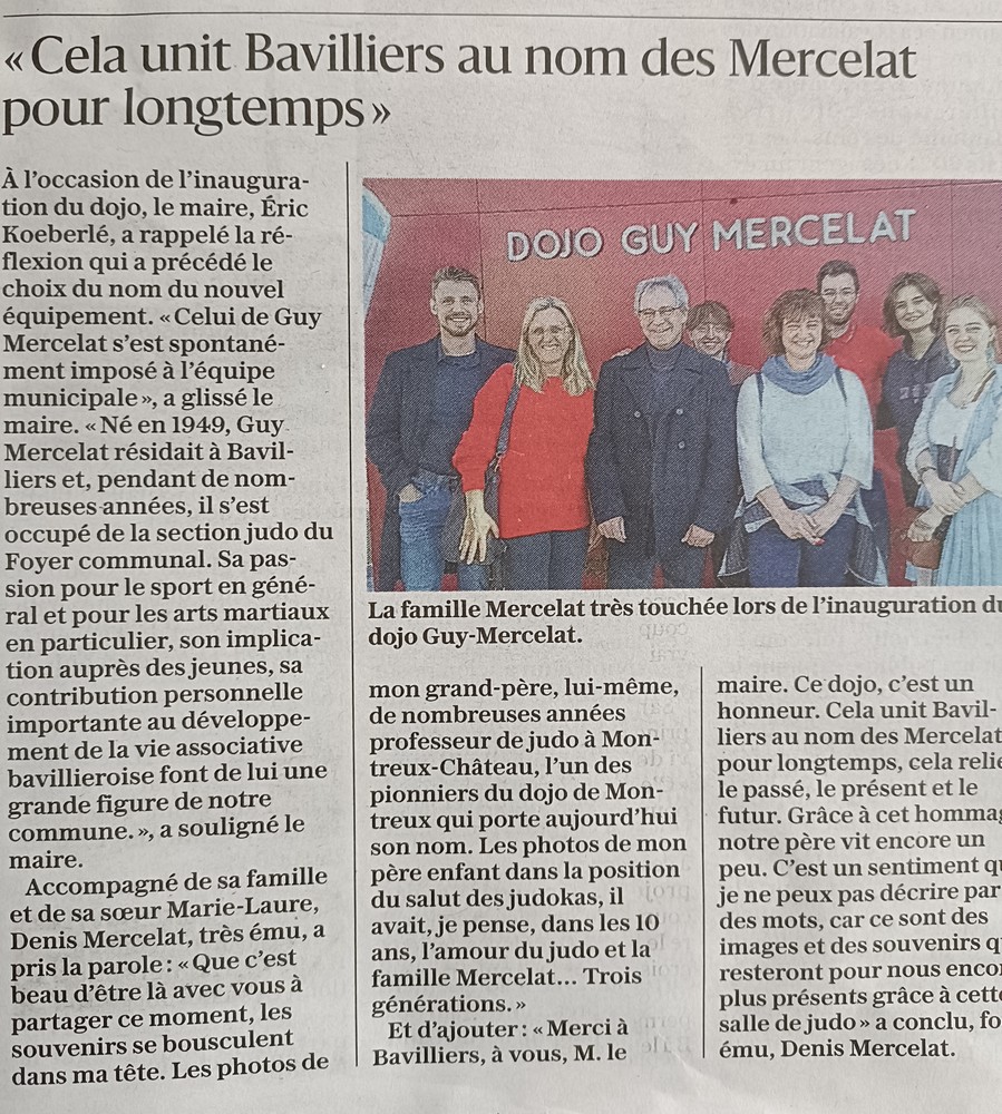 Article de presse Foyer Communal de Bavilliers : Inauguration Dojo Guy-Mercelat