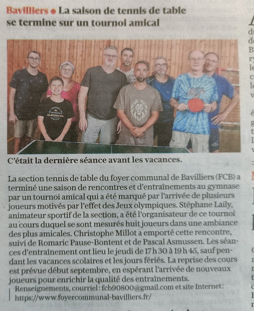 Article de presse Foyer Communal de Bavilliers : La saison de tennis de table se termine sur un tournoi amical
